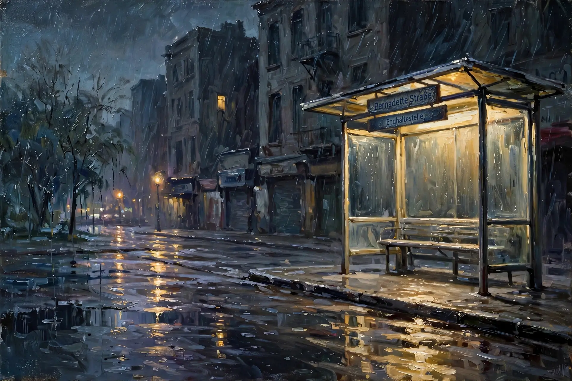 Aged rainy street scene